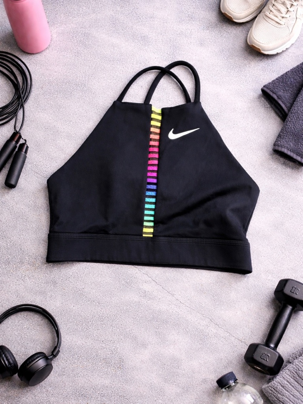 Nike Black High-Neck Sports Bra with Rainbow Center Stripe Accents